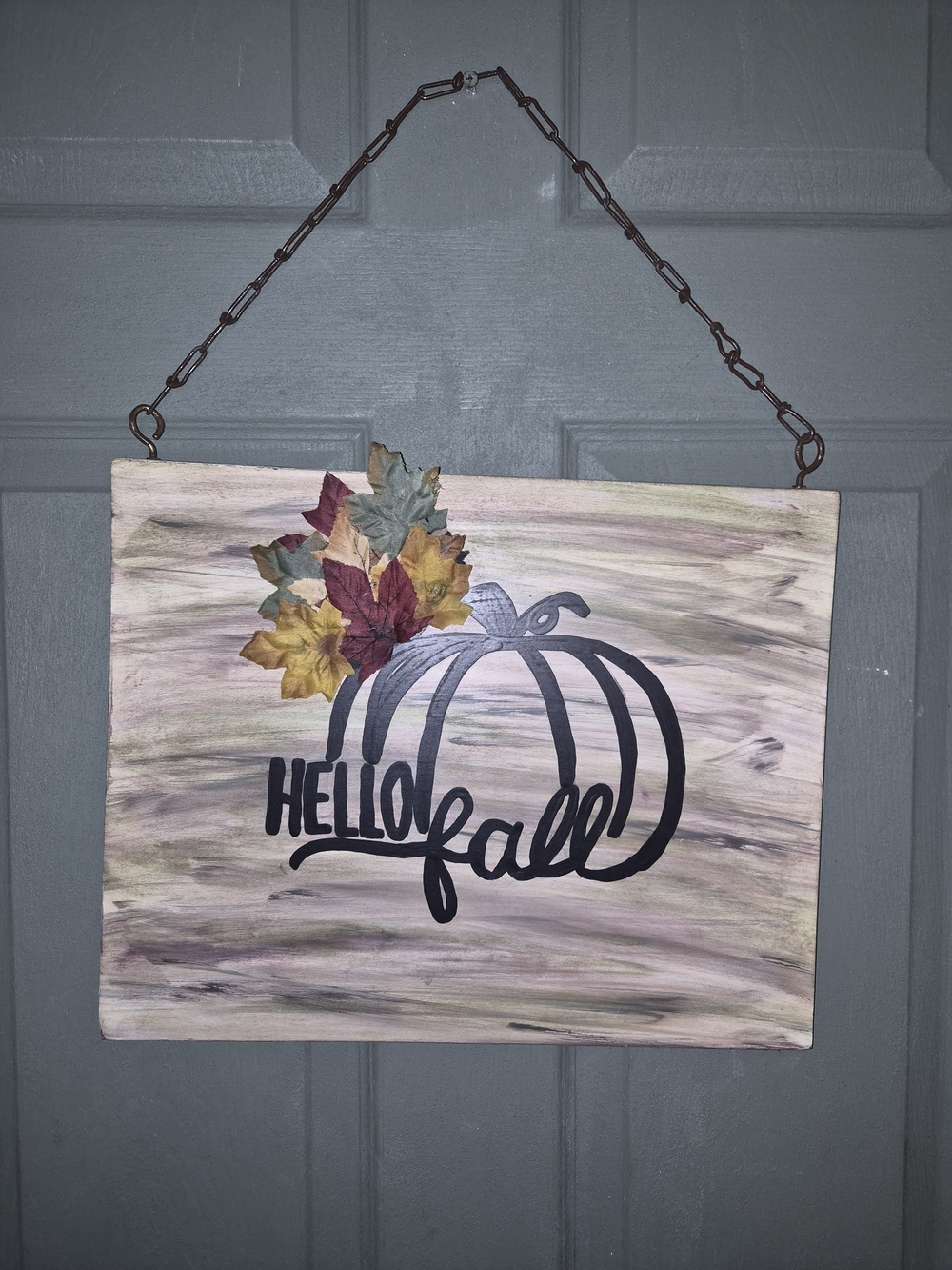 Hello Fall Pumpkin Wall Sign in Black and Autumn Leaf Colors